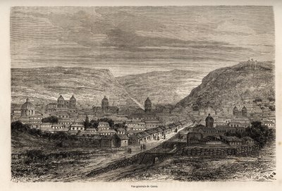 Yleiskuva Cuscosta tai Cuscosta, entisestä inkojen pääkaupungista, piirros Riousta havainnollistamaan Paul Marcoyn matkaa Etelä-Amerikan halki vuosina 1848–1860. Kaiverrus kirjaan "" Le tour du monde", toimittanut Edouard Charton tekijältä Edouard Riou