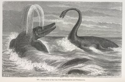 "Ihanteellinen kohtaus ihthyosaurusten ja plesiosaurusten kanssa" tekijältä Edouard Riou
