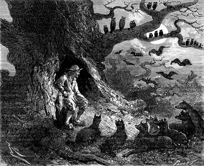 Kuvitus Alexandre Dumasin romaanille "Le leader de loups": Thibault näytti olevan helvetin ympyrän keskus, 1800-luku tekijältä Edouard Riou