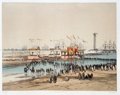 Suezin kanavan avajaiset Port-Saidissa (Port sanoi) - Rioun Marius Fontainen teoksessa "Suezin kannaksen läpi" tekijältä Edouard Riou