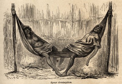 Intialaiset aviomiehet Perusta nukkuvat morsiusriippumatossaan. Rioun piirustukset havainnollistavat P. Marcoyn matkaa Tyyneltämereltä Atlantin valtamerelle vuosina 1848–1860. Kaiverrus kirjassa "" Le tour du monde", toimittanut Edouard Charton tekijältä Edouard Riou