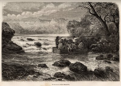 La traversee par le bac de la Riviere Mesacancha (Bas Peru), E.Rioun kaiverrus, joka havainnollistaa matkaa vuoristossa, Huarancalquin laaksossa ja Pjonalin alueilla vuosina 1862–1863, Paul Marcoy, julkaistu julkaisussa "" Le tour du monde” 1875 tekijältä Edouard Riou