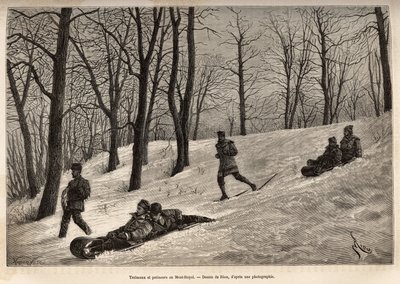 Luges et skaters au plateau du Mont-Royal, Montrealin lähellä, kaiverrus Rioun piirustuksen mukaan, joka kuvaa matkaa Kanadaan ja Riviere Rouge du nordille, H. De Lamotte, vuonna 1873, julkaistu "" Le tour du monde -lehdessä" ”” 1875, toimittanut Edouard C tekijältä Edouard Riou