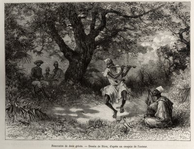 Tapaa kaksi griottia, varjossa istuva kapteeni Binger nauttii esityksestä. Rioun kaiverrus havainnollistamaan kapteeni Louis Gustave Bingerin (1856-1936) tarinaa ""Nigeristä Guineanlahdelle"" vuosina 1887-1889, Le tour du monde, nouveau journal des voy tekijältä Edouard Riou