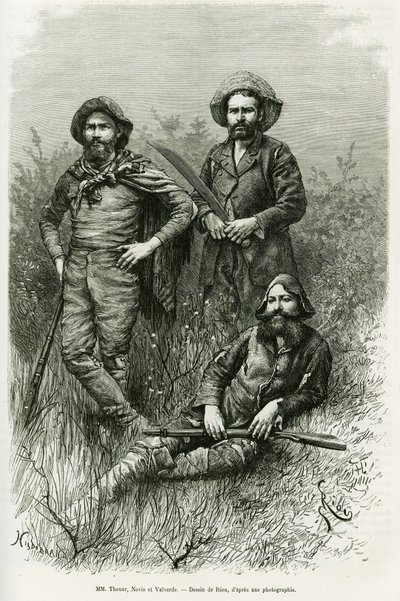 Retkikunnan jäsenet: Mr. Thouar (pidentää), Mr. Novis (seisoi vasemmalla) ja Mr. Valverde (seisoi oikealla). Rioun kaiverrus havainnollistamaan tarinaa Voyage dans le Chaco Boreal tekijältä Edouard Riou