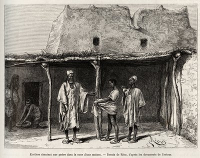 Muslimikoululaiset laulavat rukousta talon pihalla, harjoitetaan Kongin (Niger) maassa, koululaiset saavat kourallisen caurisia, jotka he luovuttavat opettajalleen ja joka vastaa eräänlaista julkisen koulutuksen veroa. tekijältä Edouard Riou