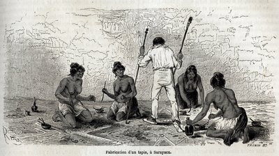 Paul Marcoy oppi tekemään maton Sarayacun (Peru) leskien kanssa, piirtäen Riou havainnollistamaan Paul Marcoyn matkaa Tyyneltä valtamereltä Atlantin valtamerelle vuosina 1848-1860. Kaiverrus kirjassa "" Le tour du monde"", toimitettu Kirjailija: Edouard Ch tekijältä Edouard Riou