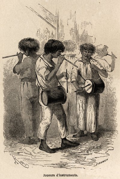 Soittimien soittajat Sarayacussa (Peru), Rioun piirustus havainnollistamaan Paul Marcoyn matkaa Tyyneltämereltä Atlantin valtamerelle vuosina 1848–1860. Kaiverrus kirjaan "" Le tour du monde", toimittanut Edouard Charton tekijältä Edouard Riou