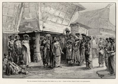 Soitti korvakoristeita Batak-tytöille, Pohjois-Sumatran etniselle ryhmälle. Rioun kaiverrus havainnollistamaan tarinaa "vuosi Malesiassa", Jules Claine (1856-1939) tekijältä Edouard Riou