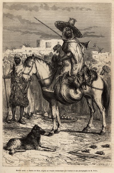 Muotokuva arabikauppiasta, joka tuo tavaransa (lammas, siipikarja...) hevosensa selässä torille; tuotteet esitetään koreissa tai matoilla maassa, kaiverrus E.Rioun piirustuksen mukaan, joka kuvaa matkaa Tlemceniin (Algeria), kirjoittanut E. de L tekijältä Edouard Riou