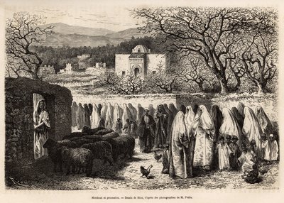 Kulkue Marabout de Tlemceniin (hauta, jossa on islamilaisen miehen kupoli), kaiverrettu E. Rioun piirustuksen jälkeen, joka havainnollistaa E. de Lorralin matkaa Tlemceniin (Algeria) vuonna 1875, julkaistu julkaisussa "" Le tour du monde””” 1875, toimittan tekijältä Edouard Riou