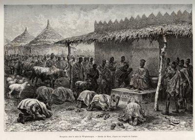Vastaanotto naba Sanemissa, Waghadougoun Mossin valtakunnasta (tai Mossesta) (Ouagadougou, Burkina Faso). Rioun kaiverrus havainnollistamaan kapteeni Louis Gustave Bingerin (1856-1936) tarinaa "" Nigeristä Guineanlahdelle" vuosina 1887-1889 Le toussa tekijältä Edouard Riou