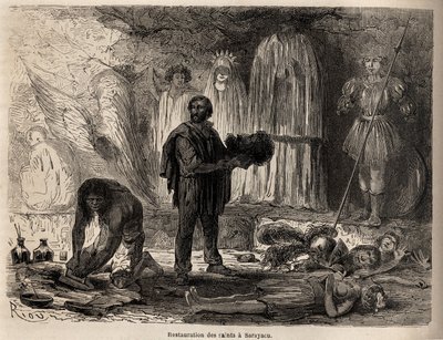 Pyhimyspatsaiden entisöinti Sarayacussa (Peru), Rioun piirustus havainnollistamaan Paul Marcoyn matkaa Tyyneltämereltä Atlantin valtamerelle vuosina 1848–1860. Kaiverrus kirjaan "" Le tour du monde", toimittanut Edouard Charton tekijältä Edouard Riou