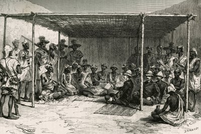Sopimuksen, jolla Kitan maa (entinen Ranskan Sudan, nykyinen Mali) asetettiin Ranskan protektoraatin alle 25. huhtikuuta 1880 komentaja Joseph Gallienin (1849-1916) ja Tokontan Keitan välillä. Rioun kaiverrus, au:n luonnoksen perusteella tekijältä Edouard Riou