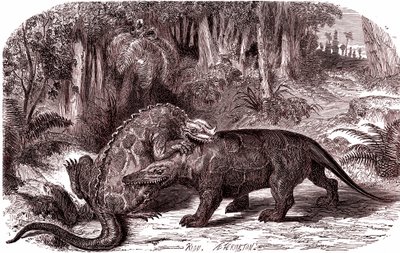 Iguanodon ja Megalosaurus (kaiverrus) (kaiverrus) tekijältä Edouard Riou