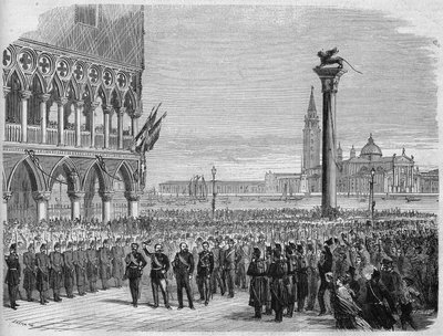 Italian kuningas Victor Emmanuel II (Victor Emmanuel) (Vittorio Emanuele) Venetsiassa Pyhän Markuksen aukiolla. Itävaltalaisten tappion jälkeen Sadowassa Venetia palautettiin Italian kuningaskunnalle vuonna 1866. Kaiverrus Creponin ja Rioun piirustuksen mu tekijältä Edouard Riou