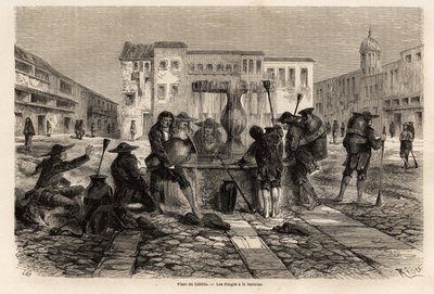 Pongot, intiaanit, jotka joutuivat orjuuteen, suihkulähteellä, Cabildon aukiolla, Cuzcossa, Rioun piirustus havainnollistamaan Paul Marcoyn matkaa Etelä-Amerikan halki vuosina 1848–1860. Kaiverrus kirjassa "" Le tour du monde", toimittanut Edouard C tekijältä Edouard Riou