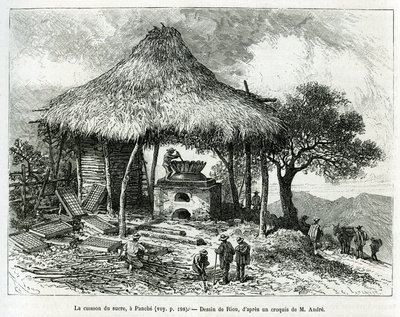 Sugar Baking Oven Panchessa (Kolumbia), Rioun piirustus kuvaamaan tarinaa Equinoxiale Americasta (Kolumbia, Ecuador, Peru) vuosina 1875-1876, kirjoittanut toim. andre, Ranskan hallituksen matkustusvastuumaksu. Kaiverrus kirjassa Le tour du monde tekijältä Edouard Riou