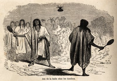 Pallopeli Perun intialaisten conibojen keskuudessa. Rioun piirustus kuvaa P. Marcoyn matkaa Tyyneltä valtamereltä Atlantin valtamerelle vuosina 1848–1860. Kaiverrus kirjassa "" Le tour du monde", toimittanut Edouard Charton tekijältä Edouard Riou