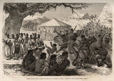 Retkikunnan yhtye houkuttelee Fatikon kylän (Keski-Afrikan tasavalta) naisia ja lapsia ja aiheuttaa intohimoisen tanssin menetyksen, joka on kaiverrettu E.Rioun piirustukseen, joka havainnollistaa retkikuntaa Keski-Afrikassa. tekijältä Edouard Riou