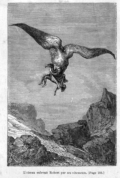 "Kapteeni Grantin lapset: Lintu kidnappasi Robertin hänen vaatteistaan", Jules Verne, painos Hetzel/Voyages Extraordinary 1868 tekijältä Edouard Riou