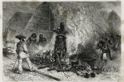 Mana- ja Maroni-joen varrella elävän Roucouyenne-heimon (tai wayana-heimon) tuhkaus Bucheria päin, tohtori Crevaux, kaiverrus Riou havainnollistaa tohtori Jules Crevaux