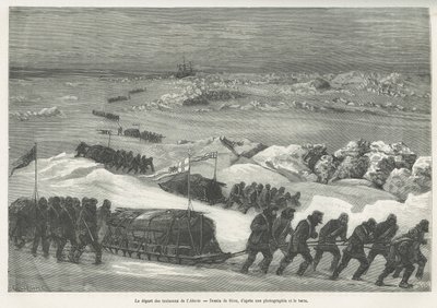 Naparetkikunnan laivan Alert-kelkkojen lähtö, Rioun piirustus kuvaamaan kapteeni G.S.Naresin tarinaa matkasta napamerelle vuosina 1875-1876. Kaiverrus kirjassa Le tour du monde tekijältä Edouard Riou
