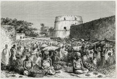 Zanzibarin hedelmämarkkinat (Tansania). Kaiverrus Riou havainnollistaa tarinaa "" Matka Benadir, Omalis ja Bayoun"", vuosina 1882-1883, M.G.Revoil. Julkaistu Le Tour du monde -lehdessä, nouveau journal des voyages tekijältä Edouard Riou