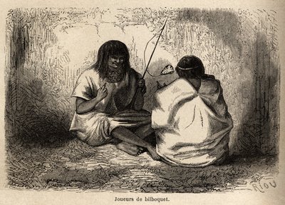 Peli bilboquet, kilpikonnan pää, Perun Conibos-intiaanien keskuudessa. Riou piirsi P. Marcoyn matkaa Tyyneltä valtamereltä Atlantin valtamerelle vuosina 1848–1860. Kaiverrus kirjassa "" Le tour du monde", toimittanut Edoua tekijältä Edouard Riou