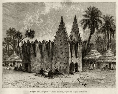 Lokhognilen moskeija (Guineanlahti). Rioun kaiverrus havainnollistamaan kapteeni Louis Gustave Bingerin (1856-1936) tarinaa "" Nigeristä Guineanlahdelle"" vuosina 1887-1889 Le tour du monde -lehdessä, nouveau journal des voyages, ohjaajana tekijältä Edouard Riou