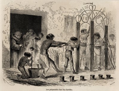Ilotulitusten valmistus Sarayacussa (Peru), Rioun piirustus havainnollistamaan Paul Marcoyn matkaa Tyyneltämereltä Atlantin valtamerelle vuosina 1848–1860. Kaiverrus kirjaan "" Le tour du monde", toimittanut Edouard Charton tekijältä Edouard Riou