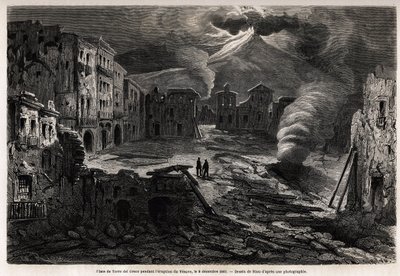 Torre del Grecon aukio Vesuven purkauksen aikana 8. joulukuuta 1861, Rioun piirustus kuvaamaan Marc Monnierin kävelyretkiä Napolissa vuonna 1862. Kaiverrus kirjaan "" Le tour du monde", toimittanut Edouard Charton tekijältä Edouard Riou