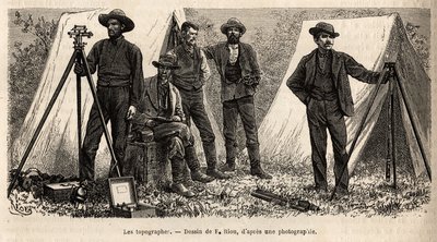 Topografien ryhmä aineistoineen, Amerikan geologisesta tehtävästä, kaiverrus F. Rioun piirustuksen jälkeen, joka havainnollistaa joukkoa maantieteellisiä tehtäviä Yhdysvaltain kansallispuiston läpi vuosina 1870–1872, herrat Hayden, Doane ja Langf tekijältä Edouard Riou
