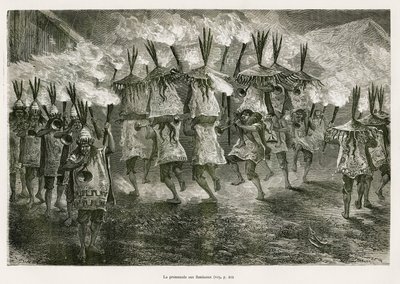 Paul Marcoyn vuonna 1873 soihtuvalaisin kävely San Josen kaduilla E.Rioun piirtämänä havainnollistamaan matkaa Titicacan alueella ja Ala-Perun itäosien laaksoissa. Kaiverrus kirjassa Le tour du monde tekijältä Edouard Riou