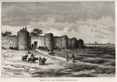 Tiong-Gin kaupunki (Tiong Gi, Mali) linnoituksineen ja savitorneineen. Rioun kaiverrus havainnollistamaan kapteeni Louis Gustave Bingerin (1856-1936) tarinaa "" Nigeristä Guineanlahdelle" vuosina 1887-1889, Le tour du monde, nouveau journal tekijältä Edouard Riou