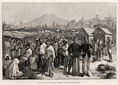 Kävely Pager Alam Cafessa (Malesia). Rioun kaiverrus havainnollistamaan tarinaa "vuosi Malesiassa", Jules Claine (1856-1939) tekijältä Edouard Riou