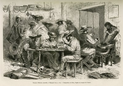 Luonnonhistorialliset teokset Chipaquessa (Kolumbia), kasvien kuivaamisen valmistelu herbaariota varten intiaanien uteliaan katseen alla, E.Rioun piirustus havainnollistamaan matkaa päiväntasaiseen Amerikkaan (Kolumbia, Ecuador, Peru) , vuonna 1875-1 tekijältä Edouard Riou
