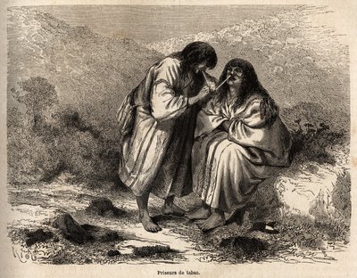 Tupakkahuutokaupat, antis-heimon (Peru) perinteen mukainen meikki, Rioun piirustus, joka havainnollistaa Paul Marcoyn matkaa Tyyneltä valtamereltä Atlantin valtamerelle vuosina 1848-1860. Kaiverrus "" Le tour du monde"", editoi Edouard tekijältä Edouard Riou