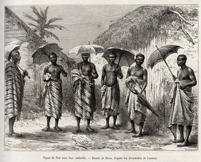 Sävytyyppi sateenvarjonsa kanssa. Rioun kaiverrus havainnollistamaan kapteeni Louis Gustave Bingerin (1856-1936) tarinaa "" Nigeristä Guineanlahdelle"" vuosina 1887-1889 Le tour du monde -lehdessä, nouveau journal des voyages, ohjaajana Edouard Char tekijältä Edouard Riou