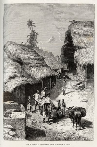 Pakhala-tyypit (Norsunluurannikko). Rioun kaiverrus havainnollistamaan kapteeni Louis Gustave Bingerin (1856-1936) tarinaa "" Nigeristä Guineanlahdelle"" vuosina 1887-1889 Le tour du monde -lehdessä, nouveau journal des voyages, ohjaajana Edouard Cha tekijältä Edouard Riou