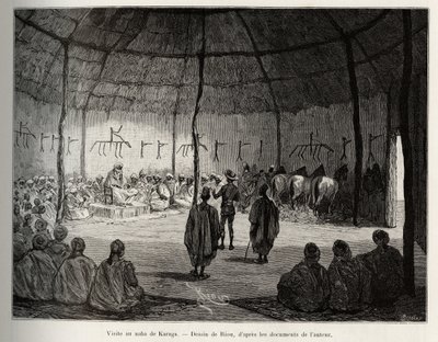 Vierailu Karagan Nabassa (Ghana). Rioun kaiverrus havainnollistamaan kapteeni Louis Gustave Bingerin (1856-1936) tarinaa "" Nigeristä Guineanlahdelle"" vuosina 1887-1889 Le tour du monde -lehdessä, nouveau journal des voyages, ohjaajana Eduar tekijältä Edouard Riou