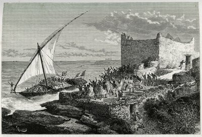 Kun matkustajien lanta saapuu Moguedouchoun (Mogadishu) satamaan, merimiehet tekevät valtavan mailan houkutellakseen ihmisiä, jotka toivottavat heidät tervetulleiksi innostuneella huudolla. Rioun kaiverrus havainnollistamaan tarinaa "Voyage chez les Benadi tekijältä Edouard Riou