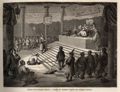 Kiinalainen tuomioistuin, syytetty saapuu tuomioistuimeen santarmin ympäröimänä, joka pitää hänet kahleissa ja hänen teurastajansa, Vaumortin (? -1886) piirtämä havainnollistamaan herra de Bourboulonin matkaa Shanghaista Moskovaan vuosina 1859-1862. , Rans tekijältä Edouard Vaumort
