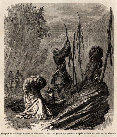Mongolit omistautumassa obolle Bakkan ja Mongolian vuorten lähellä, Vaumortin (? -1886) piirustus havainnollistamaan Ranskan Kiinan ministerin M. de Bourboulonin matkaa Shanghaista Moskovaan vuosina 1859–1862. Kaiverrus "" Le tour du monde" -muokkaus tekijältä Edouard Vaumort