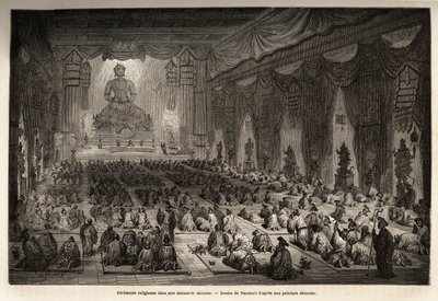 Uskonnollinen seremonia kiinalaisessa lamasseressa, piirustuksena Vaumort (? -1886), havainnollistamaan Ranskan Kiinan ministerin M. de Bourboulonin matkaa Shanghaista Moskovaan vuosina 1859–1862. Kaiverrus kirjassa "" Le tour du monde", toimittanut Edouar tekijältä Edouard Vaumort