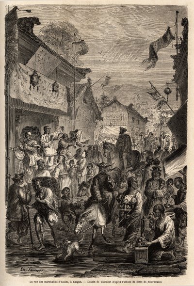 Vaatekauppiaiden katu, Kalgan, Mongolia. Vaumortin (? -1886) piirros havainnollistaa Ranskan Kiinan ministerin M. de Bourboulonin matkaa Shanghaista Moskovaan vuosina 1859–1862. Kaiverrus kirjassa "" Le tour du monde"", toimittanut Edouard Chart tekijältä Edouard Vaumort