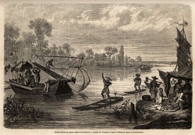 Pet Tche Li:n maakunnassa on kuvattu erilaisia kalastusmenetelmiä jokien kalastuksessa (tulikalastus, kolmikalastus, kalakalastus, shakkikalastus ja rantakalastus). Vaumortin (? -1886) piirros havainnollistamaan matkaa Shanghaista Moskovaan, vuodelta 185 tekijältä Edouard Vaumort