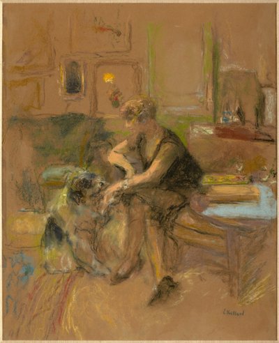 Gabrielle Jonas leikkimässä koiran kanssa tekijältä Edouard Vuillard