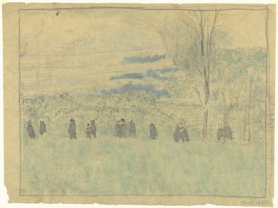 Maisema kävelijöiden kanssa: hautajaiskulkue (?) tekijältä Edouard Vuillard