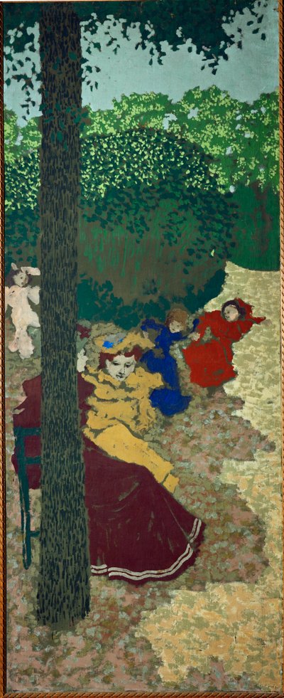 Pikkutytöt leikkimässä;Vuillardin Vuillards-sarjasta julkiset puutarhat (maalaus kankaalle) tekijältä Edouard Vuillard